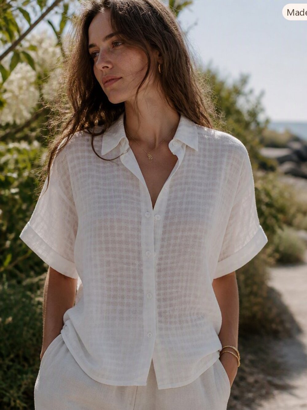 Max Studio Womens Semi-Sheer White Short Sleeve Shirt Size Small